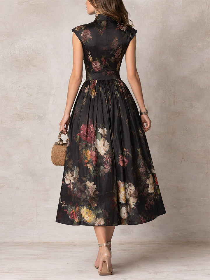Johanna | Damen Blumen-Satin Midi-Kleid mit Schlüsselloch-Ausschnitt A-Linie