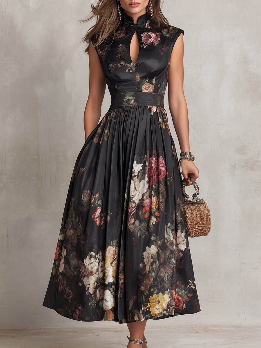 Johanna | Damen Blumen-Satin Midi-Kleid mit Schlüsselloch-Ausschnitt A-Linie