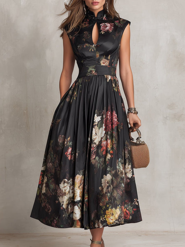 Johanna | Damen Blumen-Satin Midi-Kleid mit Schlüsselloch-Ausschnitt A-Linie