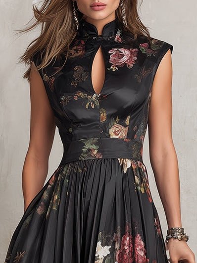 Johanna | Damen Blumen-Satin Midi-Kleid mit Schlüsselloch-Ausschnitt A-Linie