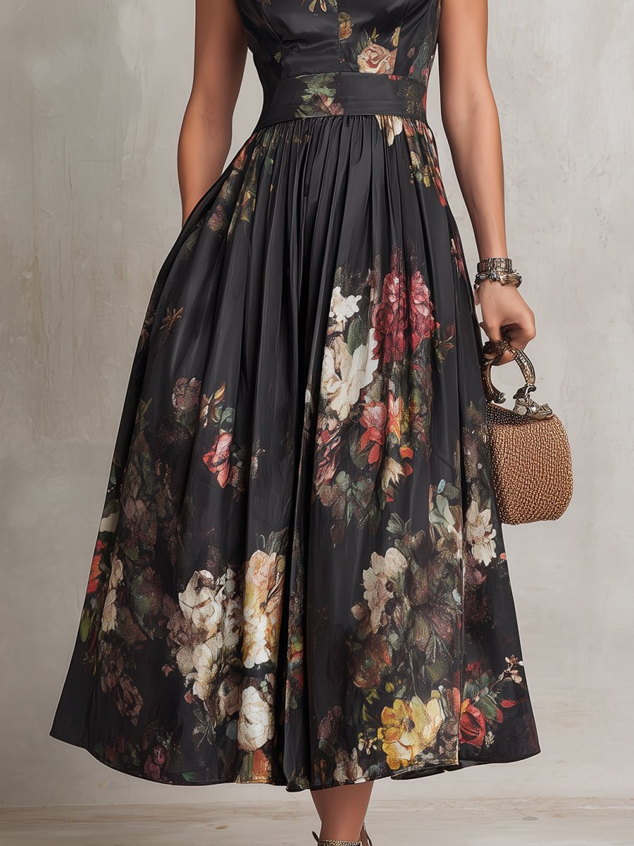 Johanna | Damen Blumen-Satin Midi-Kleid mit Schlüsselloch-Ausschnitt A-Linie