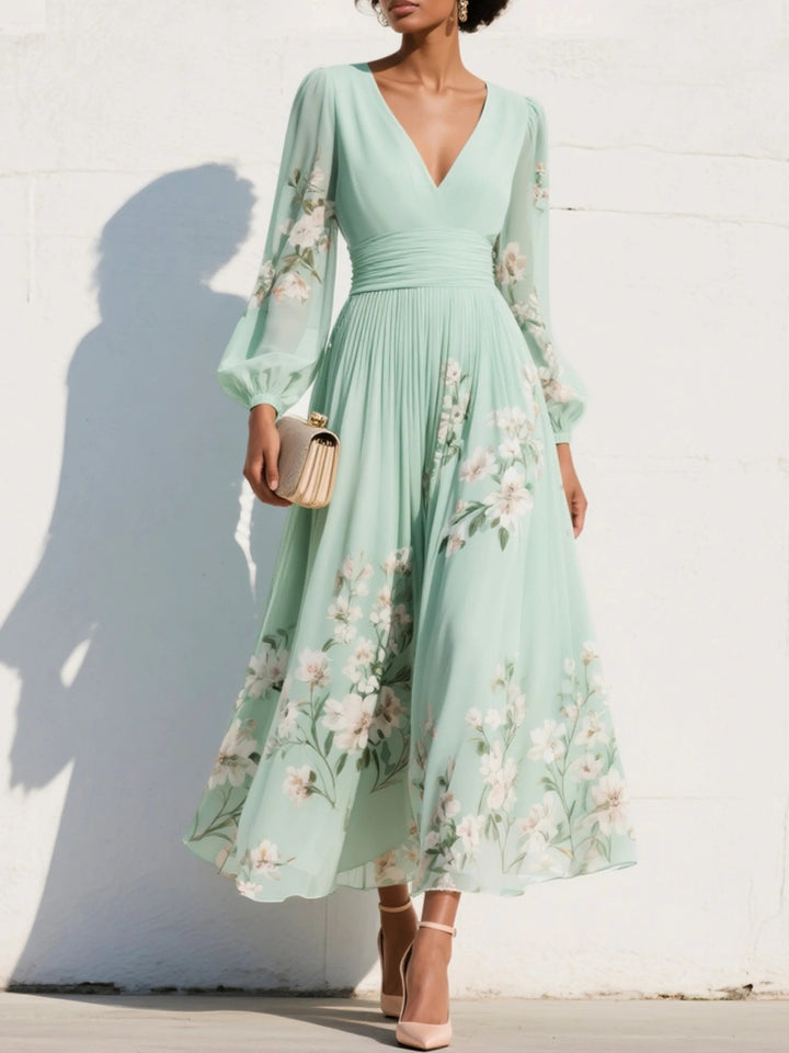 Elisabeth | Damen Blumenmuster V-Ausschnitt Ballonärmel Midi Chiffonkleid