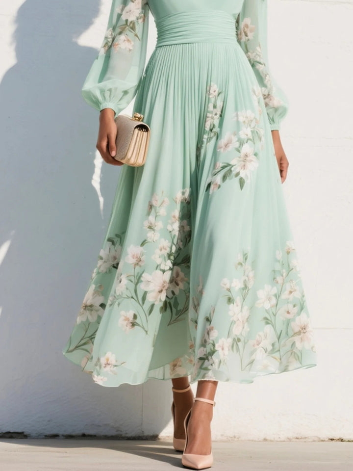Elisabeth | Damen Blumenmuster V-Ausschnitt Ballonärmel Midi Chiffonkleid