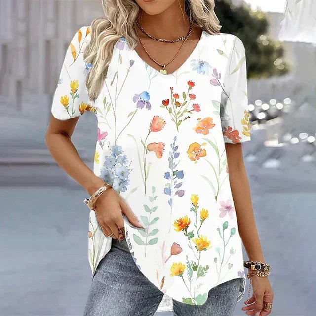 Emilia | Damen Blumenmuster V-Ausschnitt Kurzarm Top