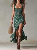 Sophie | Damen Boho Blumen Maxi-Kleid mit Trägern und Beinschlitz