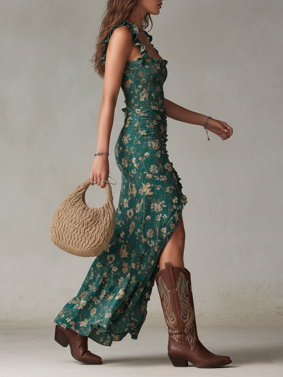 Sophie | Damen Boho Blumen Maxi-Kleid mit Trägern und Beinschlitz