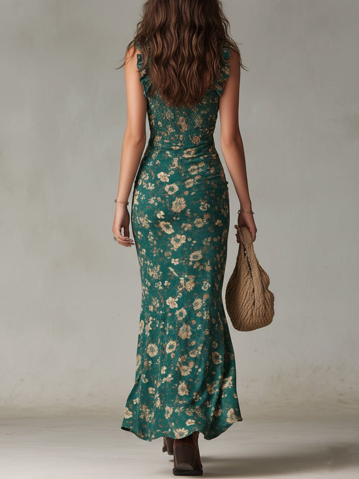 Sophie | Damen Boho Blumen Maxi-Kleid mit Trägern und Beinschlitz