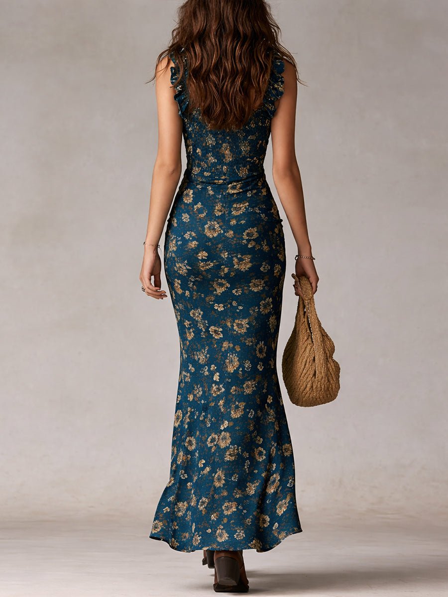 Sophie | Damen Boho Blumen Maxi-Kleid mit Trägern und Beinschlitz