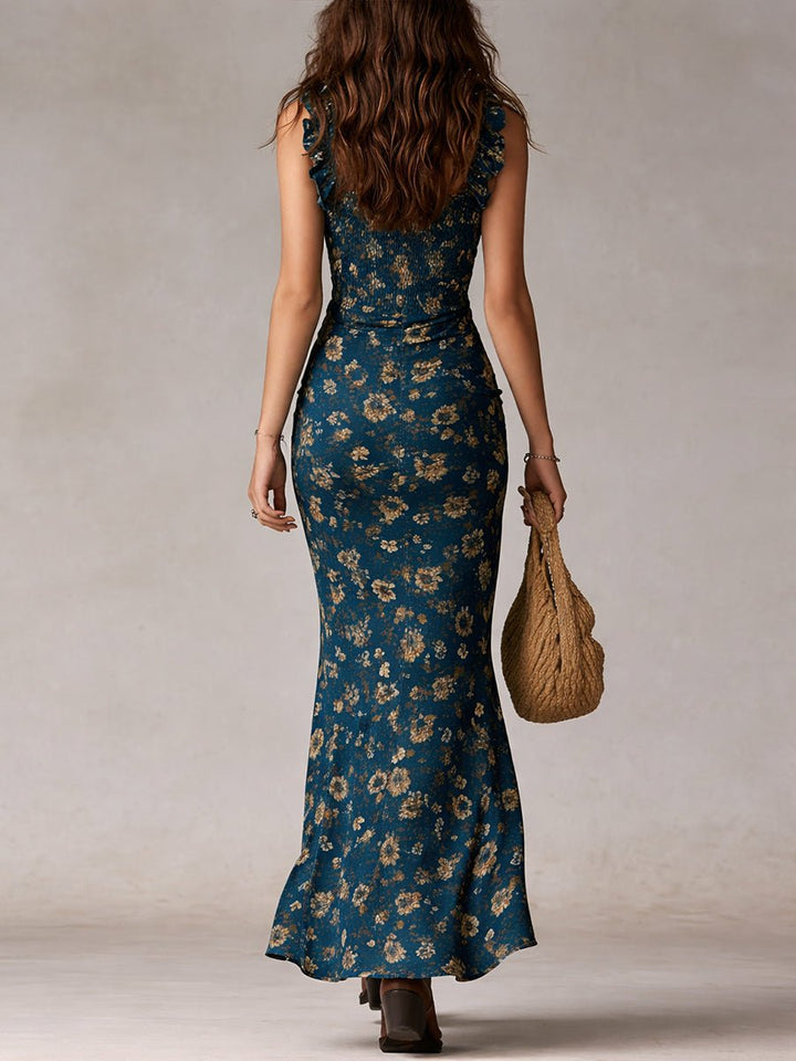 Sophie | Damen Boho Blumen Maxi-Kleid mit Trägern und Beinschlitz