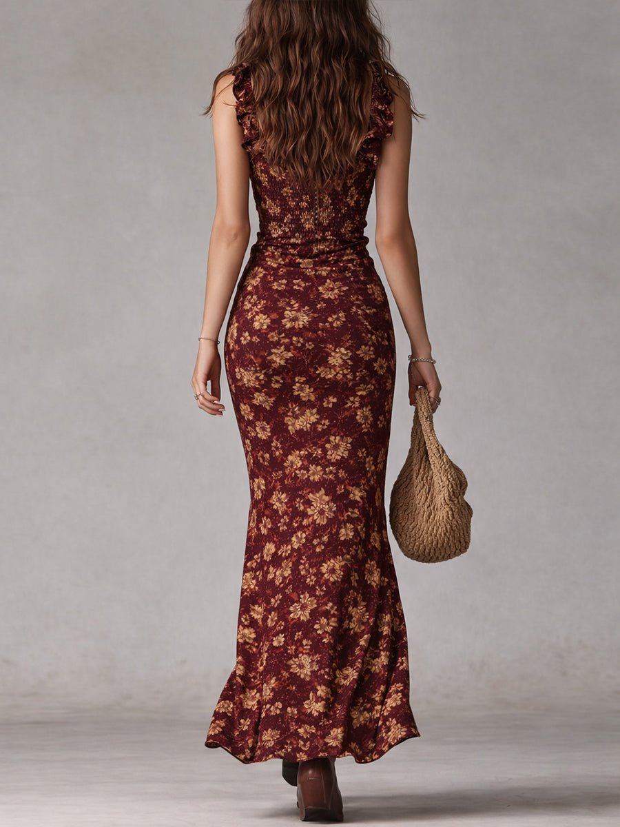Sophie | Damen Boho Blumen Maxi-Kleid mit Trägern und Beinschlitz