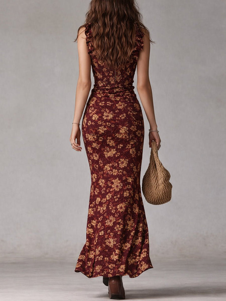 Sophie | Damen Boho Blumen Maxi-Kleid mit Trägern und Beinschlitz