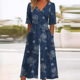 Annika | Damen Boho Blumenmuster V-Ausschnitt Halbarm Jumpsuit