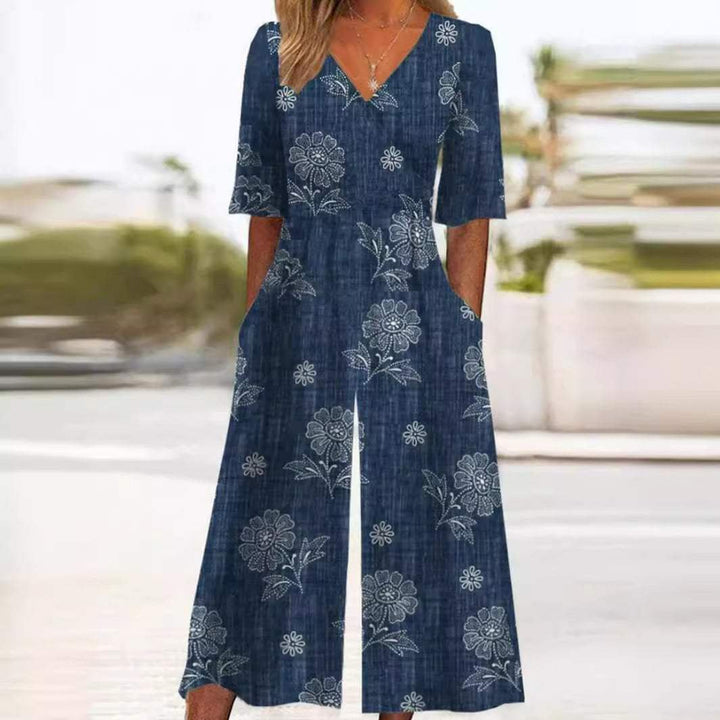 Annika | Damen Boho Blumenmuster V-Ausschnitt Halbarm Jumpsuit