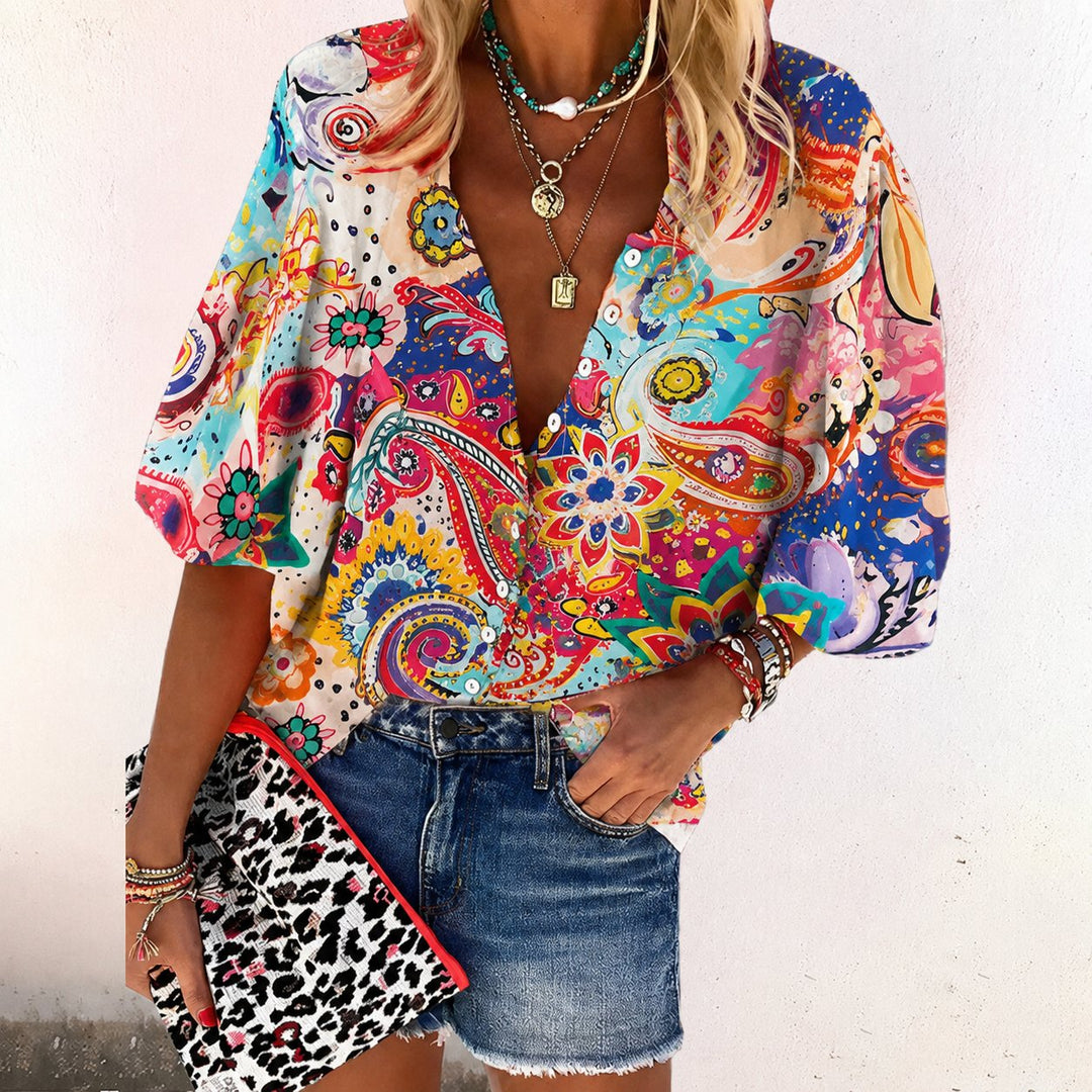 Elisabeth | Damen Boho Bluse V-Ausschnitt Langarm Knopfleiste