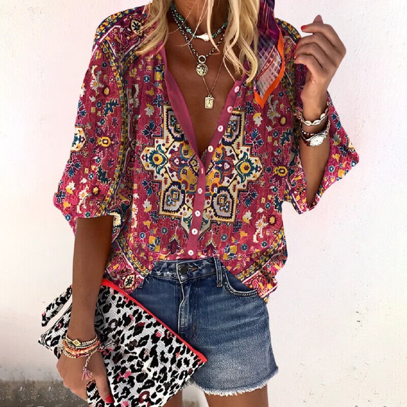 Elisabeth | Damen Boho Bluse V-Ausschnitt Langarm Knopfleiste