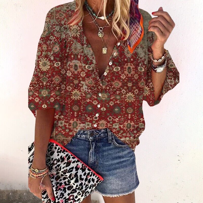Elisabeth | Damen Boho Bluse V-Ausschnitt Langarm Knopfleiste