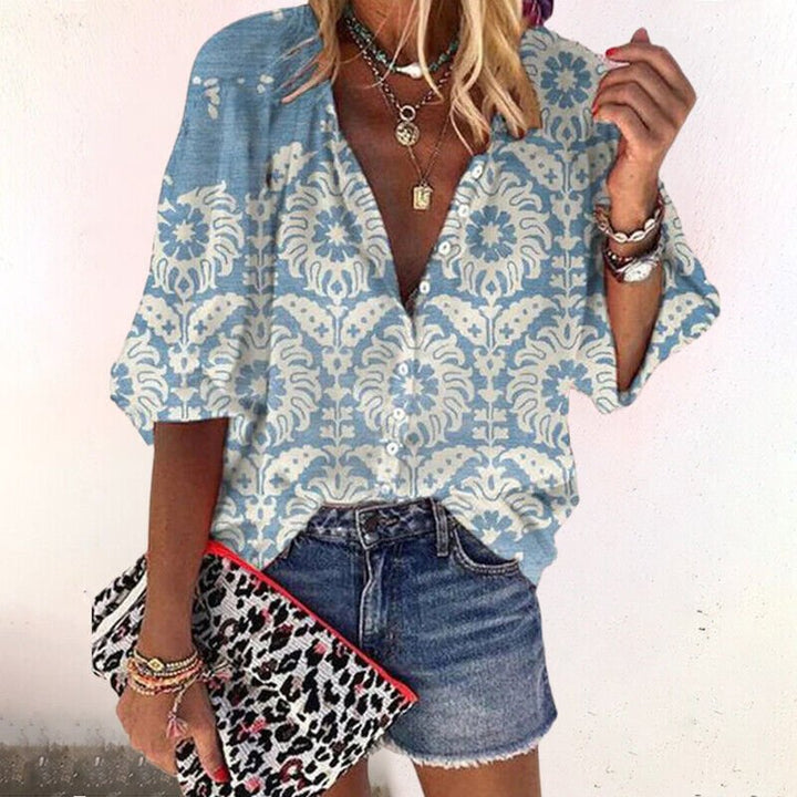 Elisabeth | Damen Boho Bluse V-Ausschnitt Langarm Knopfleiste