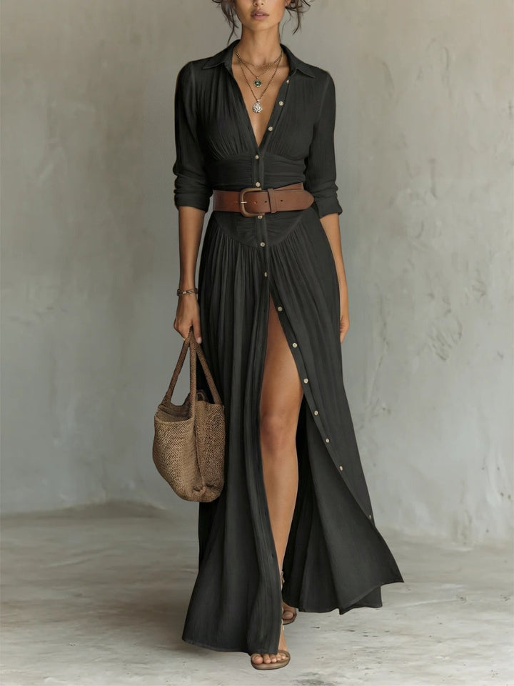 Marie | Damen Boho Maxi-Hemdblusenkleid mit Knopfleiste Gürtel