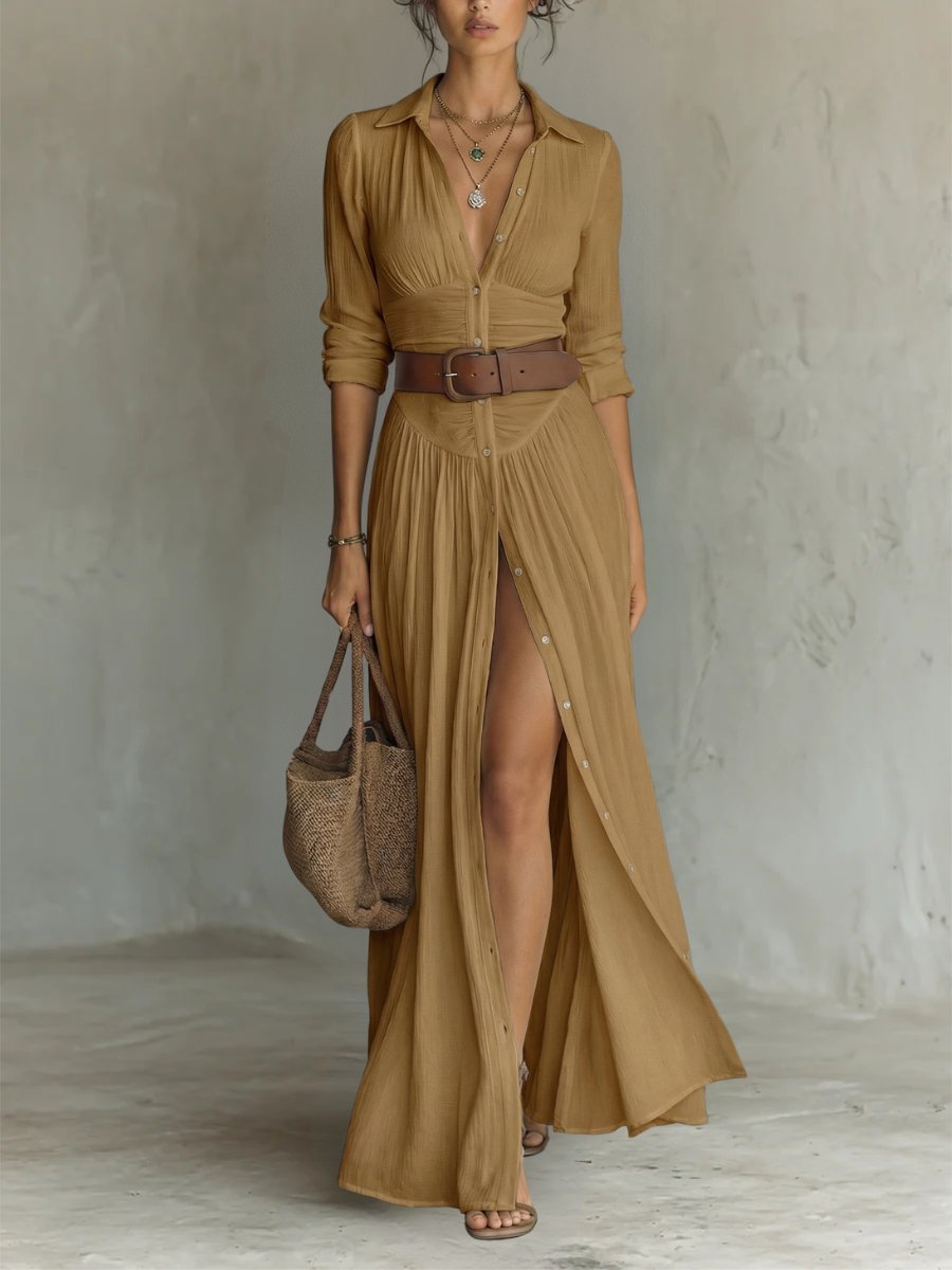 Marie | Damen Boho Maxi-Hemdblusenkleid mit Knopfleiste Gürtel