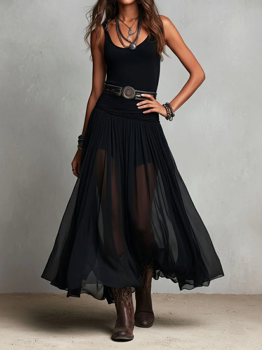 Leonie | Damen Boho Maxi Kleid mit V-Ausschnitt Tüllrock