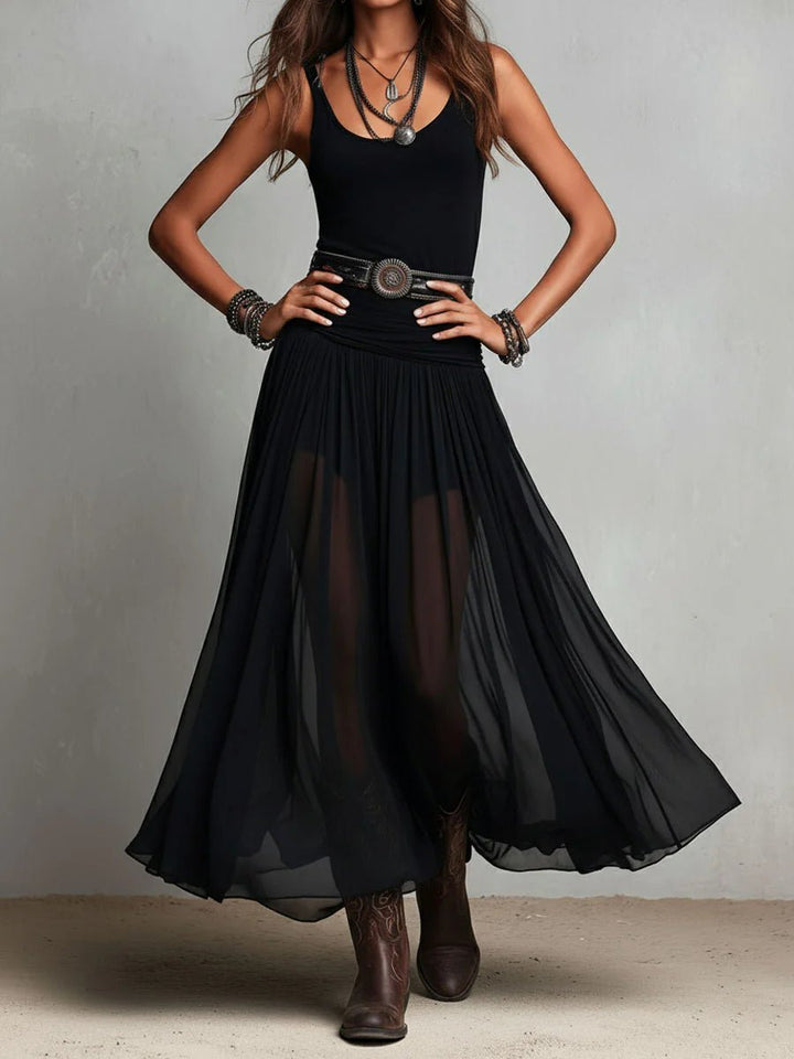 Leonie | Damen Boho Maxi Kleid mit V-Ausschnitt Tüllrock