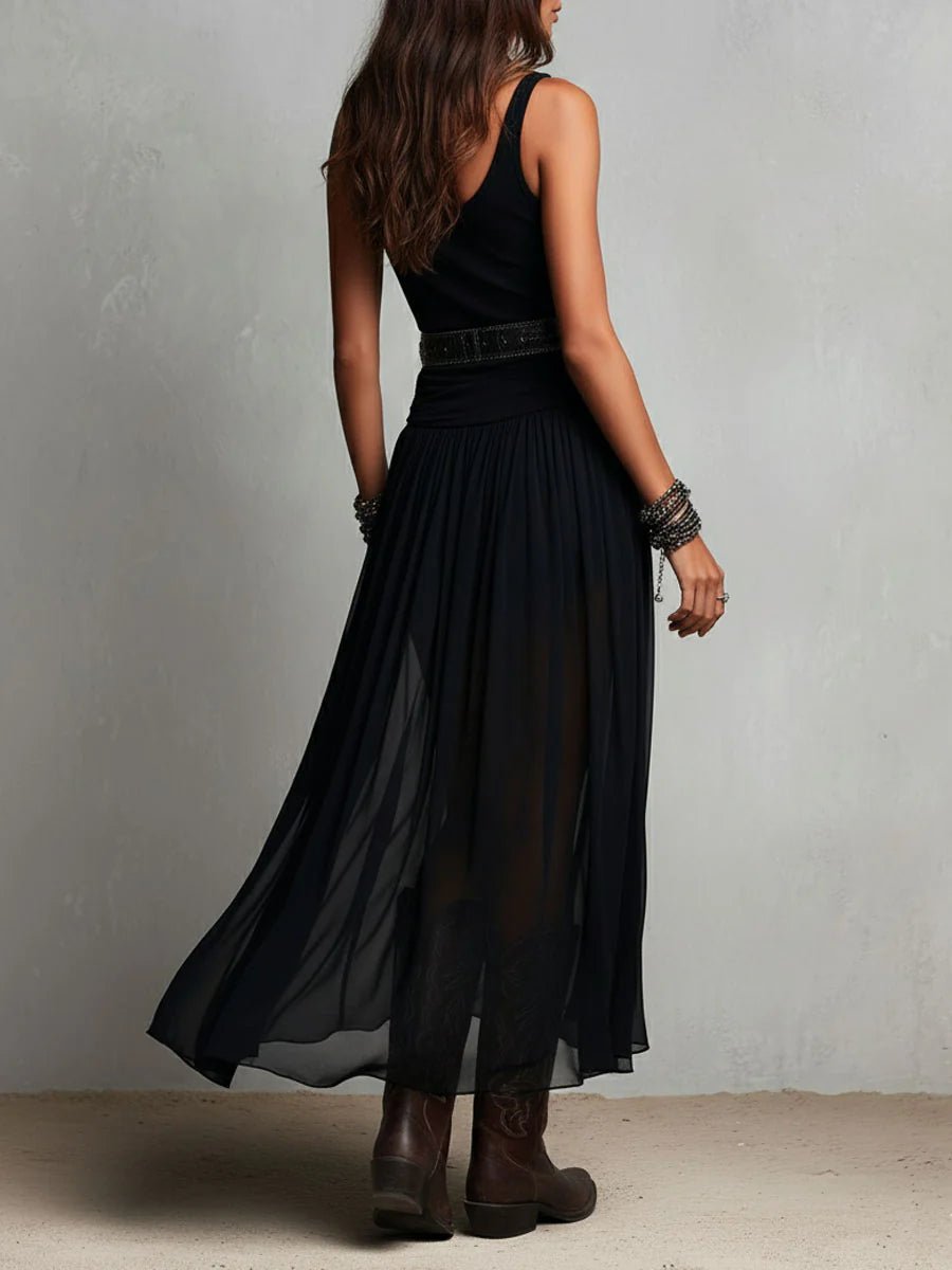 Leonie | Damen Boho Maxi Kleid mit V-Ausschnitt Tüllrock