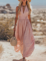 Mia | Damen Boho Neckholder Maxi Leinen-Kleid