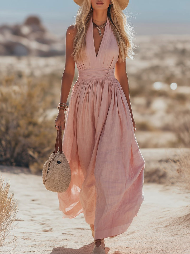 Mia | Damen Boho Neckholder Maxi Leinen-Kleid