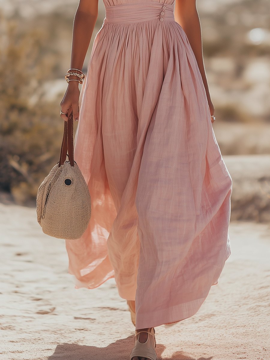 Mia | Damen Boho Neckholder Maxi Leinen-Kleid