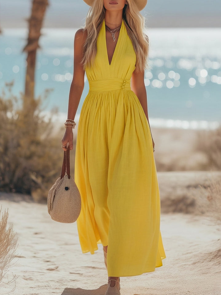 Mia | Damen Boho Neckholder Maxi Leinen-Kleid