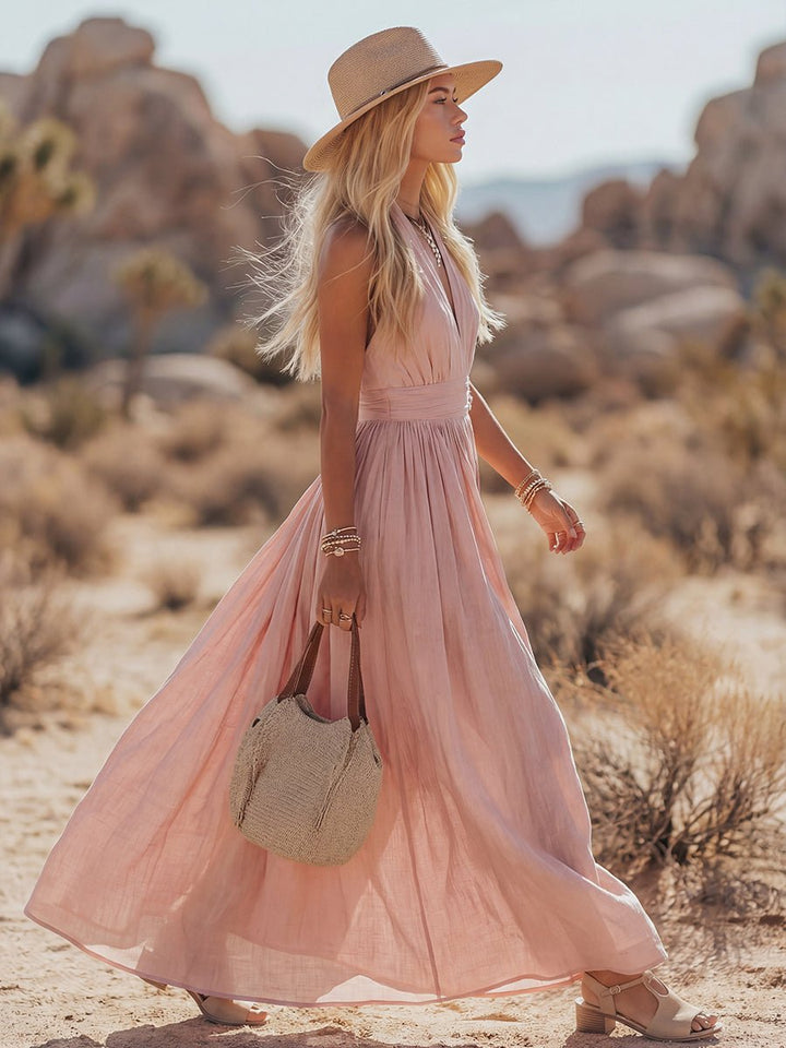 Mia | Damen Boho Neckholder Maxi Leinen-Kleid