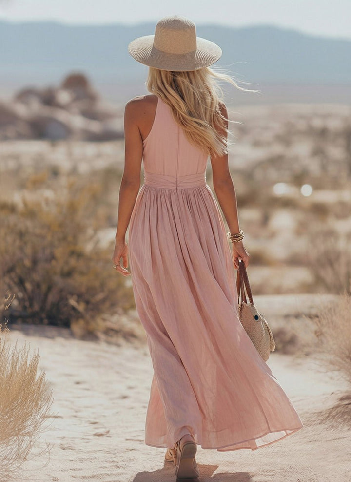 Mia | Damen Boho Neckholder Maxi Leinen-Kleid