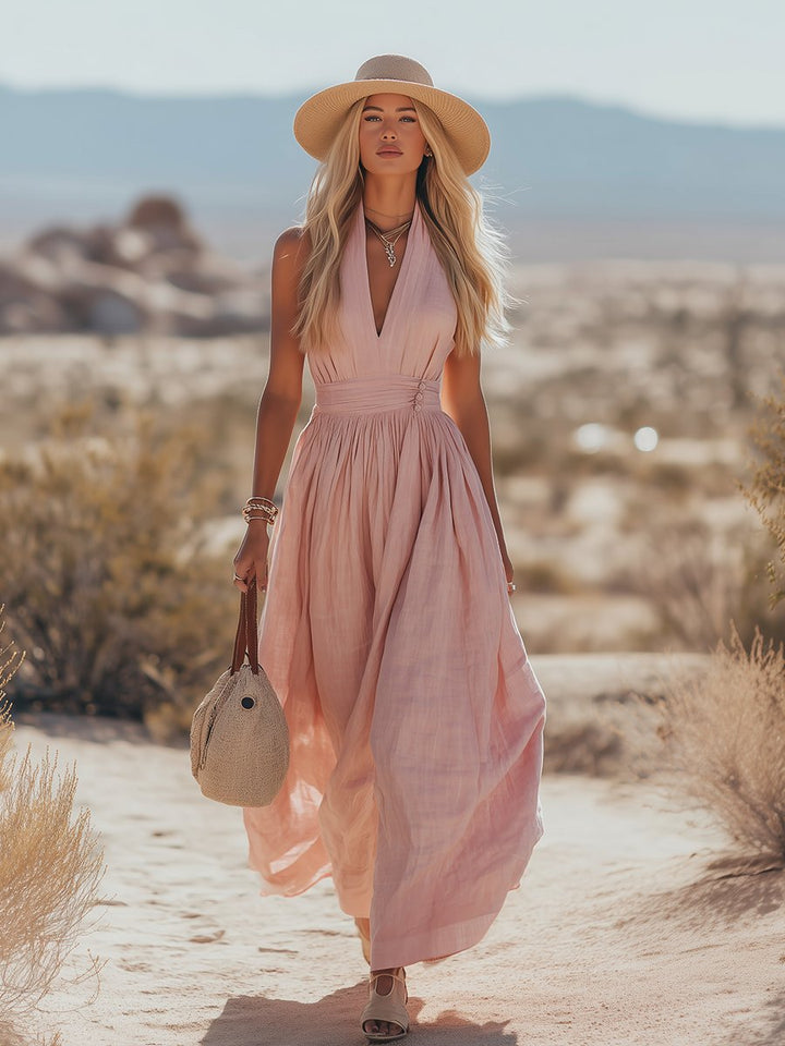Mia | Damen Boho Neckholder Maxi Leinen-Kleid