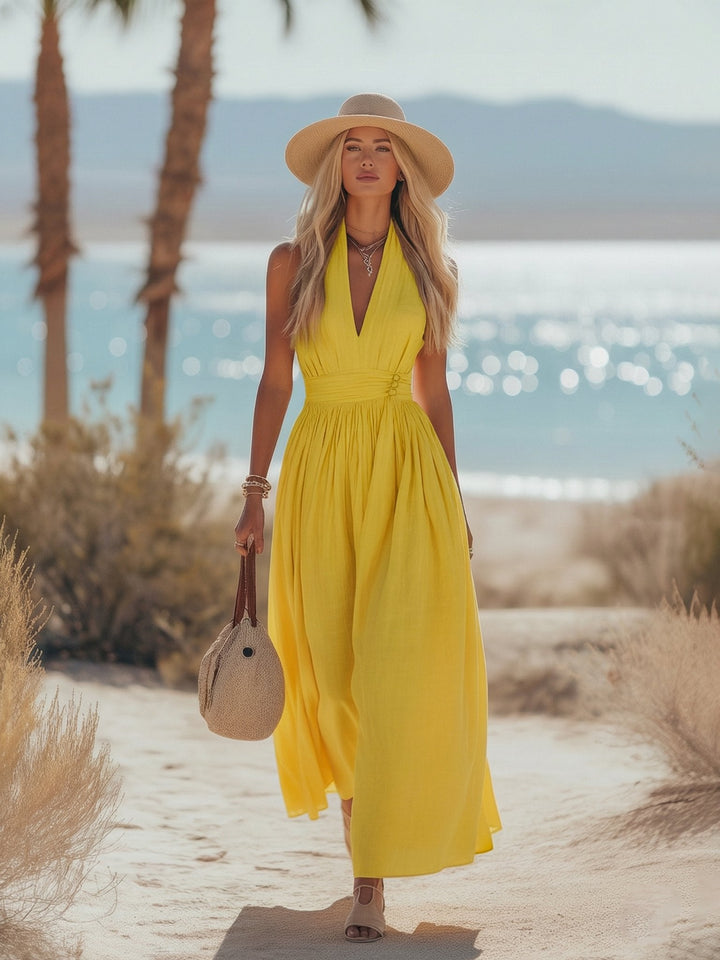 Mia | Damen Boho Neckholder Maxi Leinen-Kleid