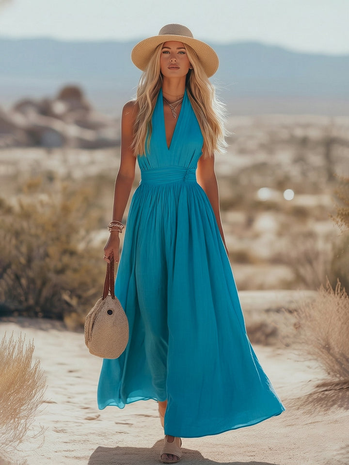 Mia | Damen Boho Neckholder Maxi Leinen-Kleid
