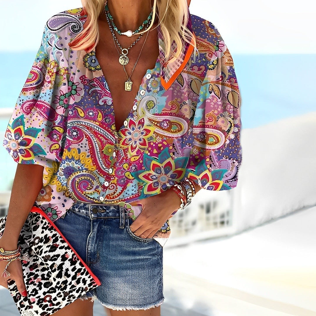 Lena | Damen Boho Paisley V-Ausschnitt Knopfleiste Bluse