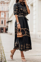 Hannah | Damen Boho-Print Gürtel Midi Kleid mit 3/4-Ärmeln