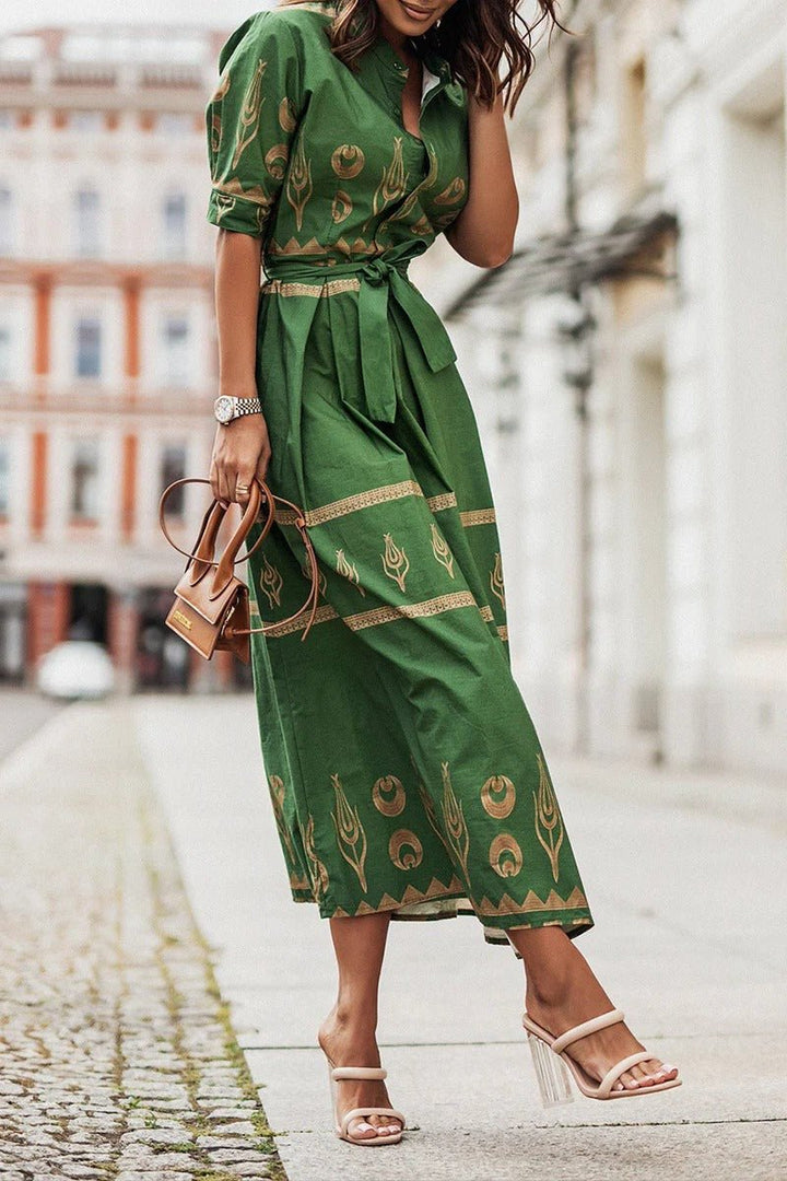Hannah | Damen Boho-Print Gürtel Midi Kleid mit 3/4-Ärmeln