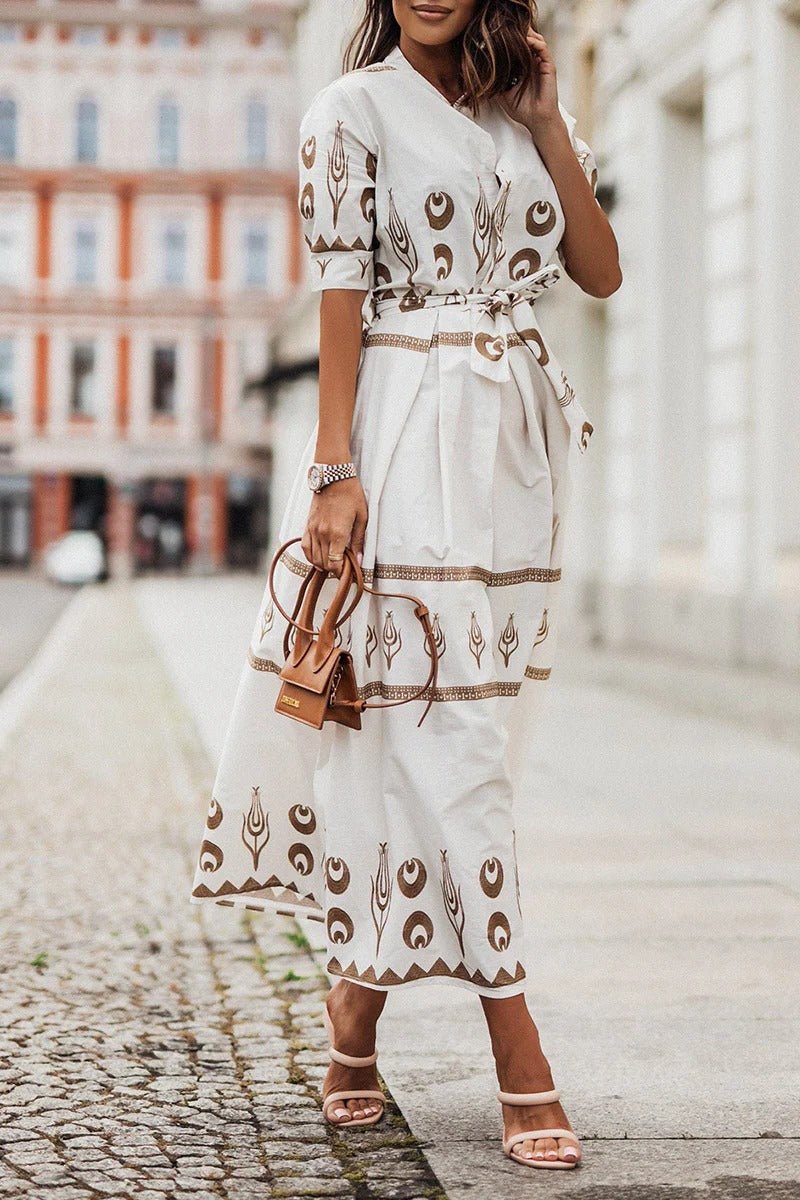 Hannah | Damen Boho-Print Gürtel Midi Kleid mit 3/4-Ärmeln