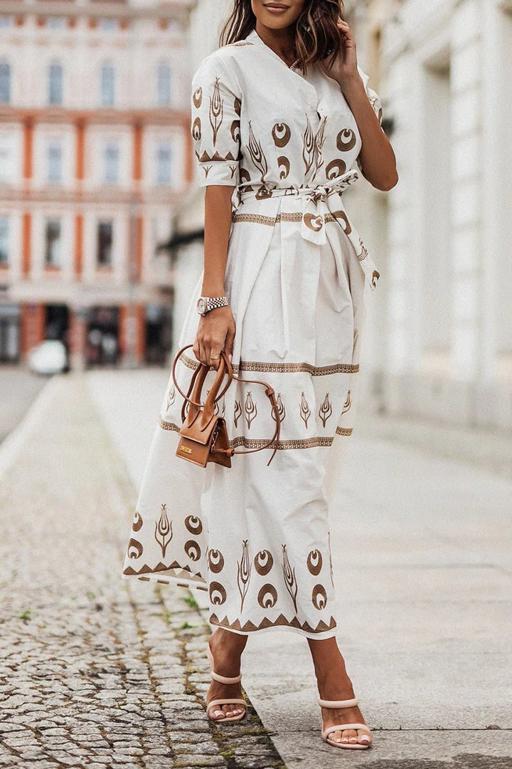 Hannah | Damen Boho-Print Gürtel Midi Kleid mit 3/4-Ärmeln