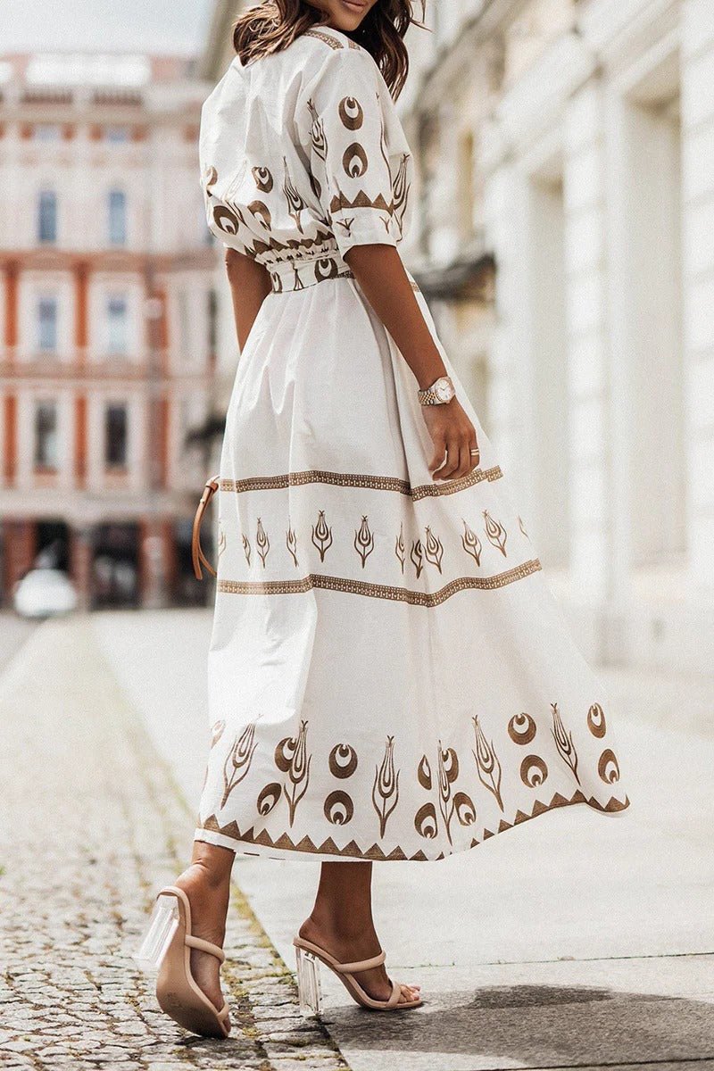 Hannah | Damen Boho-Print Gürtel Midi Kleid mit 3/4-Ärmeln