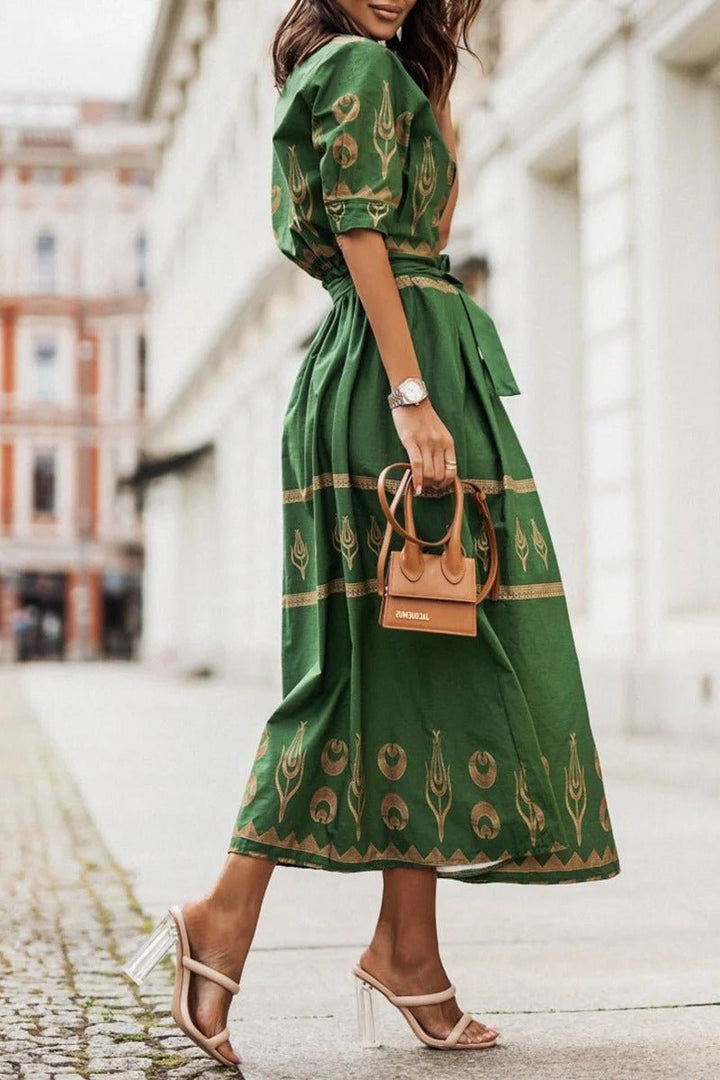 Hannah | Damen Boho-Print Gürtel Midi Kleid mit 3/4-Ärmeln