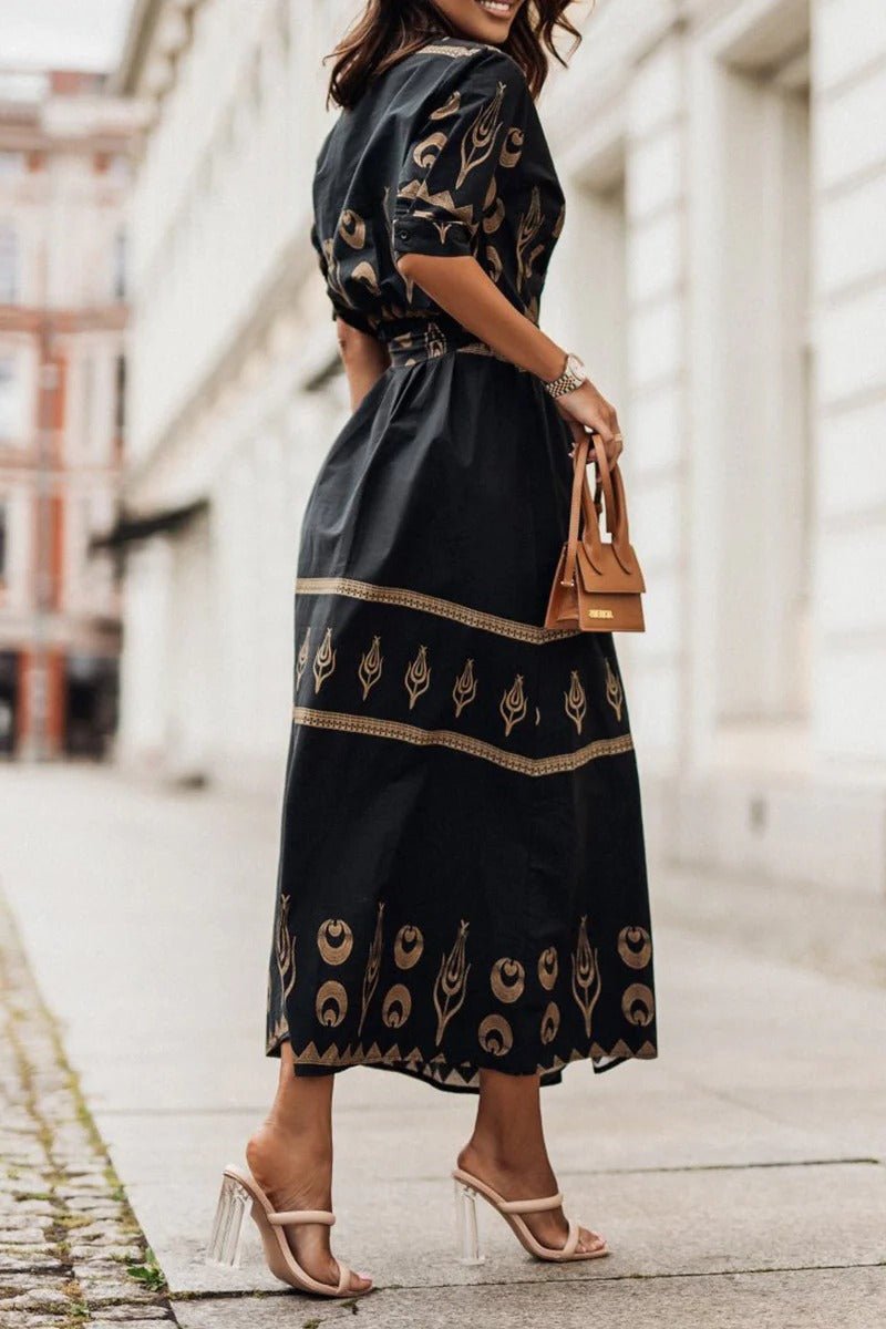 Hannah | Damen Boho-Print Gürtel Midi Kleid mit 3/4-Ärmeln