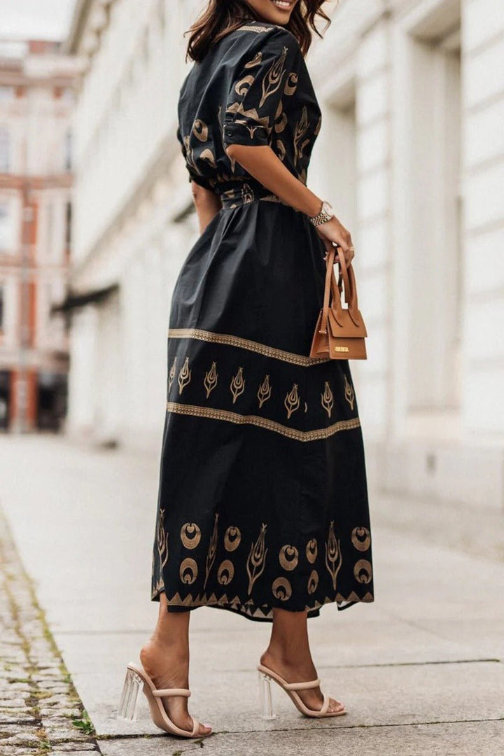 Hannah | Damen Boho-Print Gürtel Midi Kleid mit 3/4-Ärmeln