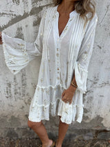 Elfriede | Damen Boho Stufenkleid V-Ausschnitt Dreiviertel-Ärmel