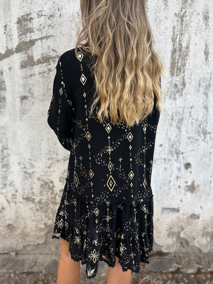 Elfriede | Damen Boho Stufenkleid V-Ausschnitt Dreiviertel-Ärmel