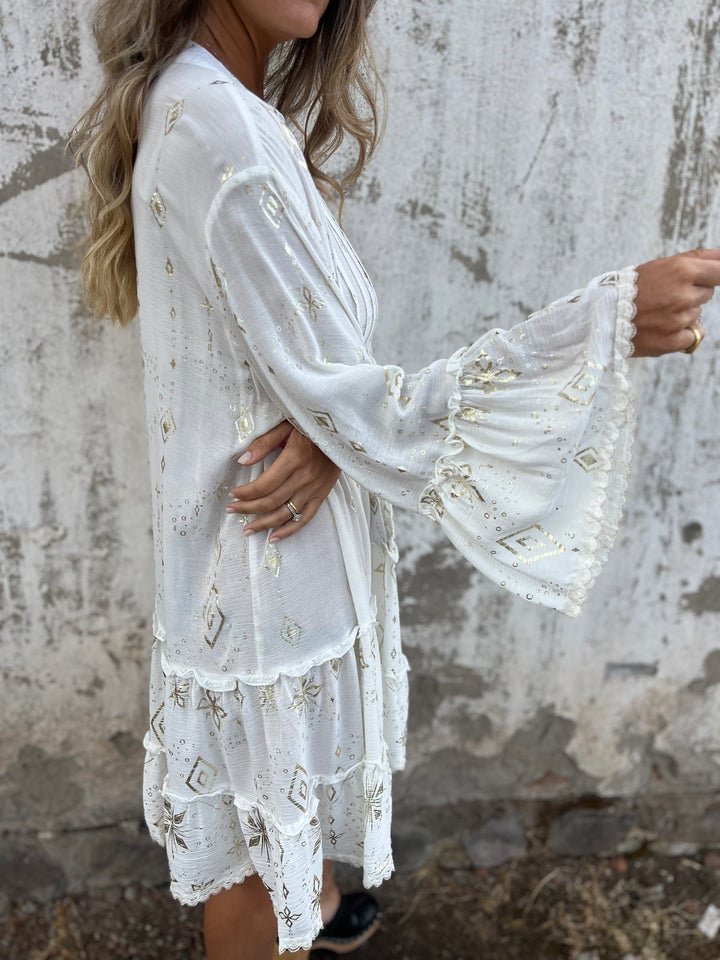 Elfriede | Damen Boho Stufenkleid V-Ausschnitt Dreiviertel-Ärmel
