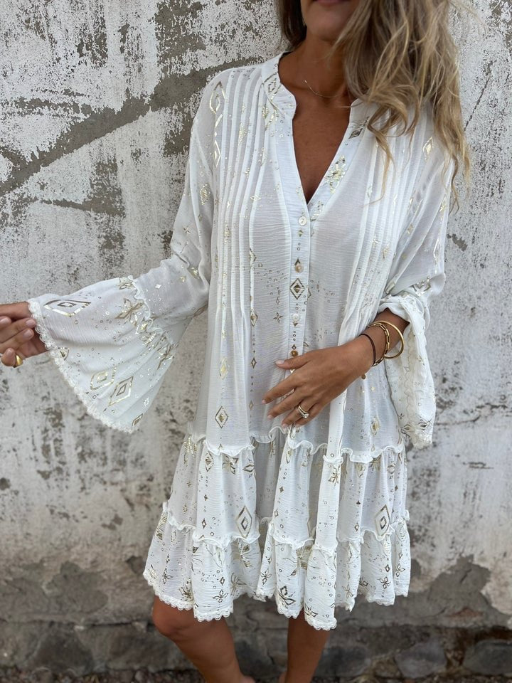Elfriede | Damen Boho Stufenkleid V-Ausschnitt Dreiviertel-Ärmel