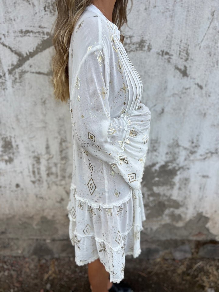 Elfriede | Damen Boho Stufenkleid V-Ausschnitt Dreiviertel-Ärmel