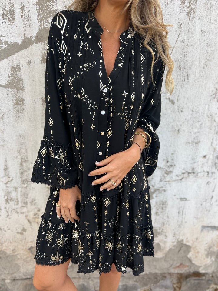 Elfriede | Damen Boho Stufenkleid V-Ausschnitt Dreiviertel-Ärmel